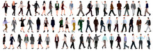 Set Or Collection Of Business People. Businessman And Woman Walking And Standing On Isolated White Back Ground. 