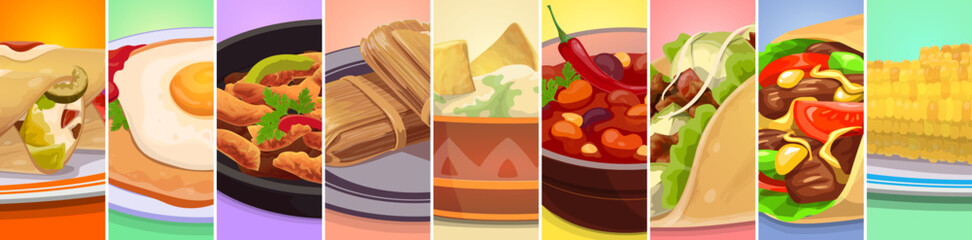 Poster - Mexican cuisine food collage. Tex mex food vector meal of Mexico taco, burrito, chili sauce and avocado guacamole, corn, nachos, chicken fajitas, tomato beans and tamale. Mexican menu dishes collage