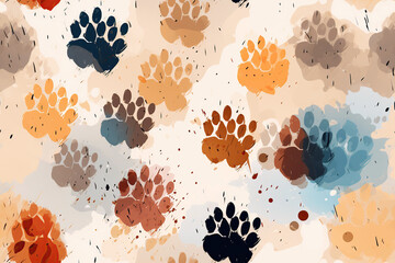 Wall Mural - seamless pattern with multicolored footsteps paw prints of wild animal on white background
