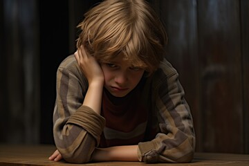 Wall Mural - sad depressed young boy child sit in your room.