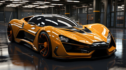 Wall Mural - A Futuristic Super Luxury Yellow Car in Modern Workshop on Blurry Background