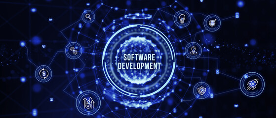 Wall Mural - inscription software development on the virtual display. business, modern technology, internet and n