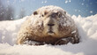 A snow-covered groundhog peeks out, a sign of Groundhog Day