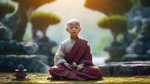 Little Peaceful Monk Alone At Zen Meditation. Postproducted Generative AI Illustration.	
