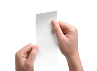 Sticker - Woman holding piece of blank thermal paper for receipt on white background, closeup