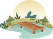 Cartoon couple fishing on wooden pier. People catching fish.

