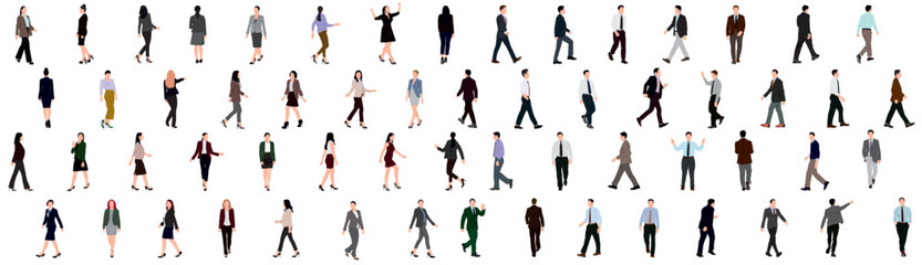 Wall Mural - Set of business people walking and standing. Collection of businessman and woman.  Men and women in full length. Inclusive business concept. Vector illustration isolated on white background.