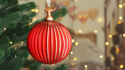 Wall Mural - Christmas tree red glass ball on branch decorates on background bokeh of side flickering golden light bulbs garlands snow family holiday concept Happy New Year. Festival mood. Positive emotion Noel