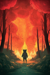 A bear in a burning forest. Illustration.