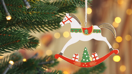 Wall Mural - Christmas concept Christmas tree  decoration wooden toy horse rotate on branch tree on background bokeh of side flickering light bulbs garlands for family holiday Happy New Year. Festival mood