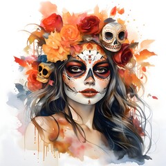 Wall Mural - Woman with painted face, long hair and orange and red rose flowers in her hair. For the day of the dead and halloween, white isolated background.