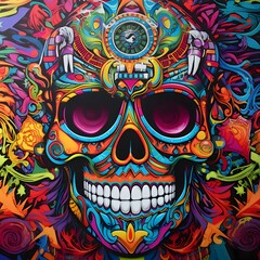 Wall Mural - Colorful 3D human skull with ornaments, paintings, abstract composition, graffiti. For the day of the dead and Halloween.