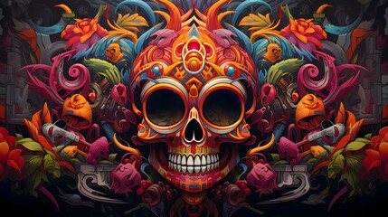 Colorful, decorated skull, human, graffiti, banner. For the day of the dead and Halloween.