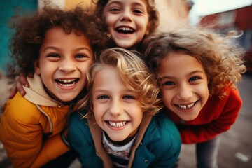 Sticker - Bunch of cheerful joyful cute little children playing together and having fun. Group of happy kids looking at camera and smiling