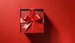 blank red gift box with red ribbon and bow or top view of open red present box on red background with shadow minimal conceptual 3d rendering