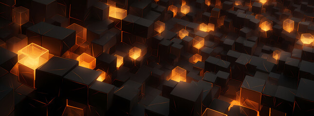 Wall Mural - fire wallpaper abstract, in the style of cubist geometric fragmentation, dark gold and orange, voxel art, light silver and light black, industrial urban scenes, light-filled, computer art