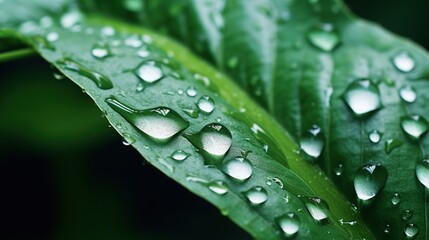 Wall Mural - Large beautiful drops of transparent rain water on leaves macro. Close-up of plant leaf