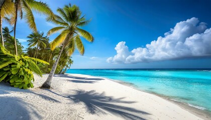 Wall Mural - tropical white sand beach with coco palms and the turquoise sea on caribbean island