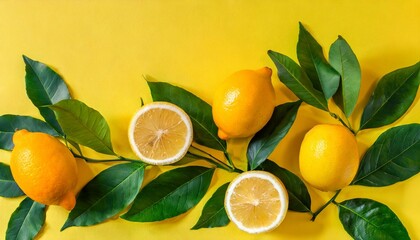 Wall Mural - ripe juicy lemons orange and green leaves on bright yellow background lemon fruit citrus minimal concept vitamin c creative summer minimalistic background flat lay top view copy space