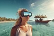 Woman wearing VR glasses on exotic beach. Virtual reality emotion driven leisure simulation. Generate ai