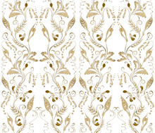 Floral Watercolor Damask Seamless Pattern From Hand Drawn Golden Vetch Twigs, Flowers And Gold Pea Pods On A White Background