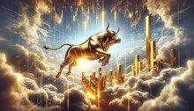 AI-generated Illustration Of A Shimmering Gold Bull Soaring Above The Clouds, Financial Bull Market