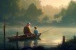 Grandfather and grandson fishing in boat. Grandpa with grandchild angling recreational activity. Generate ai