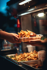 Adept hands skillfully managing food in a food truck with a blurred background.