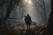 Equipped hunter in misty forest digital art. Archery weapon tracker searching for prey. Generate ai
