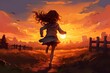 AI generated illustration of a young female walking away from the setting sun