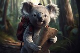 Fototapeta  - Koala hiker with map and backpack. Adorable gray creature exploring wild woodland. Generate ai