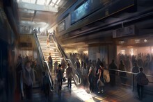 Subway Station Digital Art. Large Crowds People With Luggage Modern Metro. Generate AI