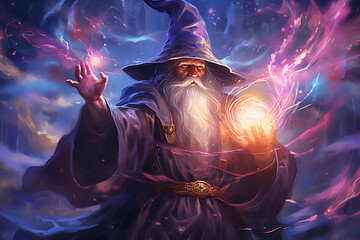 Wall Mural - old wizard holding glowing crystal ball with swirling magic cloudy swirl backgound, fantasy painting 