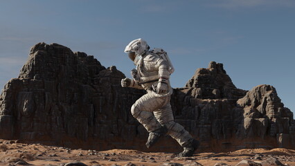 Wall Mural - Astronaut running across planet Mars, exploring other planets and worlds. Cosmonaut in a white spacesuit on the red planet, landscape. 3d rendering