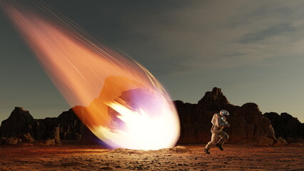 Wall Mural - astronaut escapes from falling comet asteroid, fiery asteroid from outer space crashes into surface 