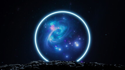 Wall Mural - new worlds of galaxies panorama, fantasy portal to far universe. space exploration, round gateway to