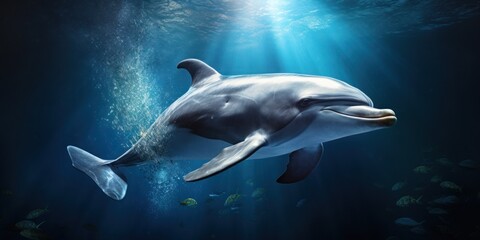 Wall Mural - Sea dolphin deep underwater in sunny rays. Ocean life, wildlife. Conservation species and population