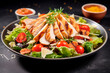 chicken caesar salad on black background