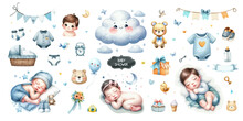 Watercolor Illustration Set Of Nursery Clipart For Baby Boy.