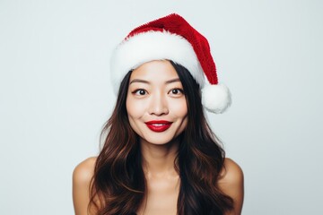  Beautiful Korean Woman In Santa Hat On White Background