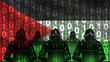 Silhouettes hackers with flag Palestine. People in hoods are sitting at computer. Hackers from gaza sector. Cyber war concept. Palestine symbol with binary code. Hackers from cyber forces. 3d image