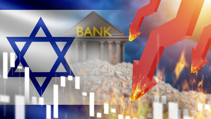 Wall Mural - Inflation of Israel economy. Red arrows near pile of money. Collapse of economy. Recession in Israel. Inflation falling chart. Bank building near national flag. Inflation crisis in Israel. 3d image