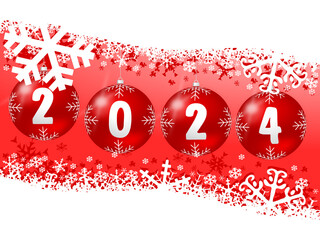 Aufkleber - New years 2024 illustration with red Christmas baubles on white snowflakes background