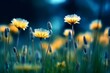 © SEUNGJIN - Floral summer spring background. Yellow dandelion flowers close-up in a field on nature on a dark blue green background in evening at sunset. Colorful artistic image, free copy space. generative ai.