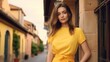 © VERTEX SPACE - travel concept profile view woman Against the backdrop of picturesque old italian houses, a stylish young attractive woman poses with confidence and grace tropical colors dress stylsih cloth daylight