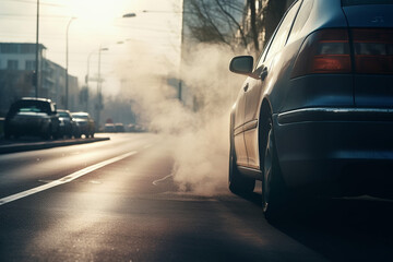 Exhaust from a car exhaust pipe, city background