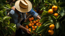 A Gardener Picking Oranges From A Tree Into His Baskets, Wearing A Hat.