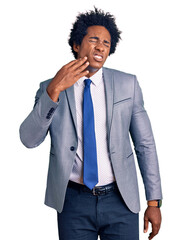 Poster - Handsome african american man with afro hair wearing business jacket touching mouth with hand with painful expression because of toothache or dental illness on teeth. dentist