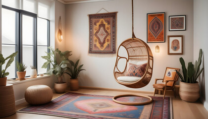 Wall Mural - A modern boho office space featuring a hanging rattan chair, a vintage Persian rug, and an eclectic gallery wall showcasing vibrant artwork and framed photo ai generation