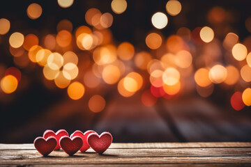 Wooden hearts on a dark background with blurry bokeh lights.